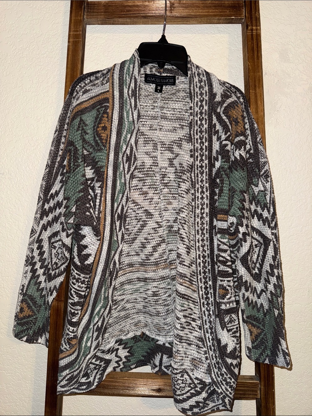 Almost Famous Open Front Knit Cardigan Jacket - Gray Green Pattern